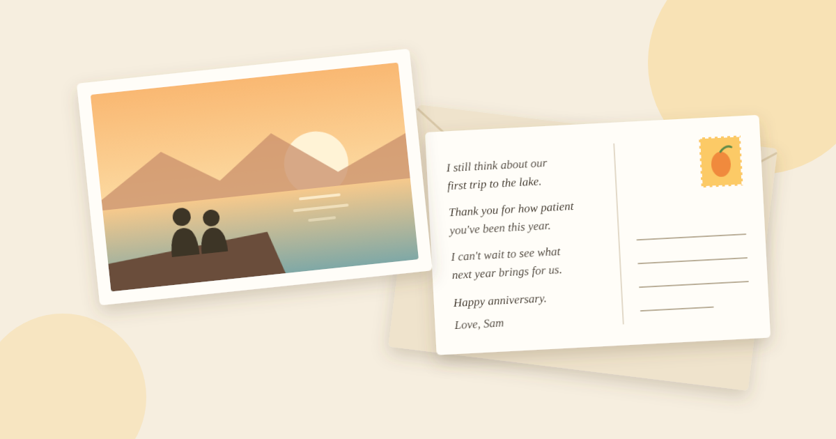 Custom anniversary card with a couple's photo on the front and a handwritten-style message on the back